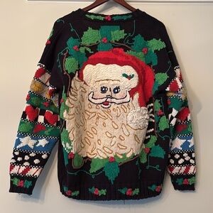 Lisa Coufal Sweater Vtg Ugly Christmas Sweater Graphic Santa Handmade 2X Holiday
